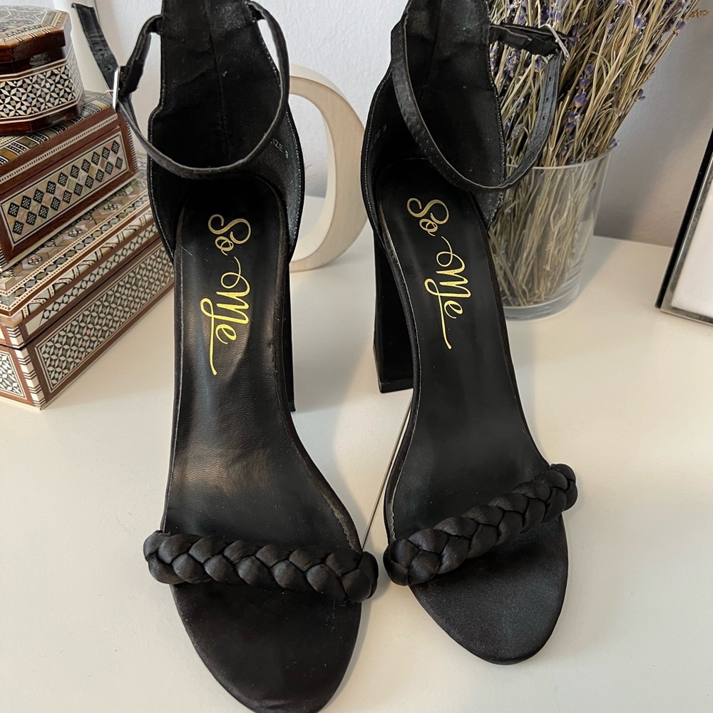 Black Braided Strap Satin Heels